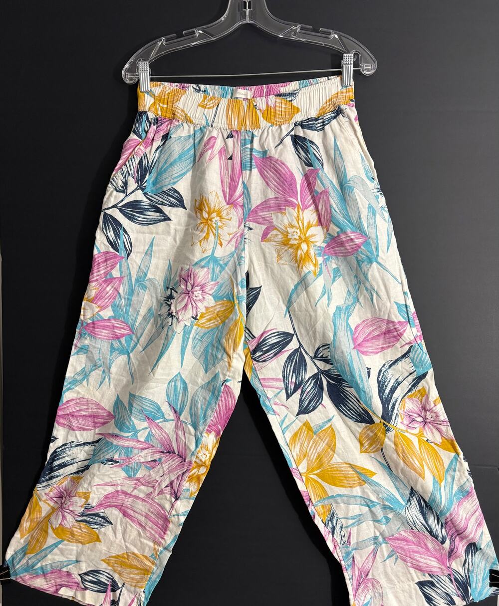 C&C California Linen Pants Women M Tropical Floral Wide Leg Cropped Pull On